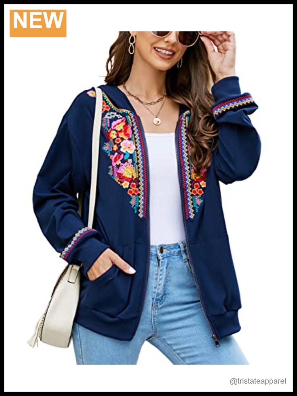Women Floral Embroidered Zip Hoodie Jacket Long Sleeve Fall Winter Coat Boho